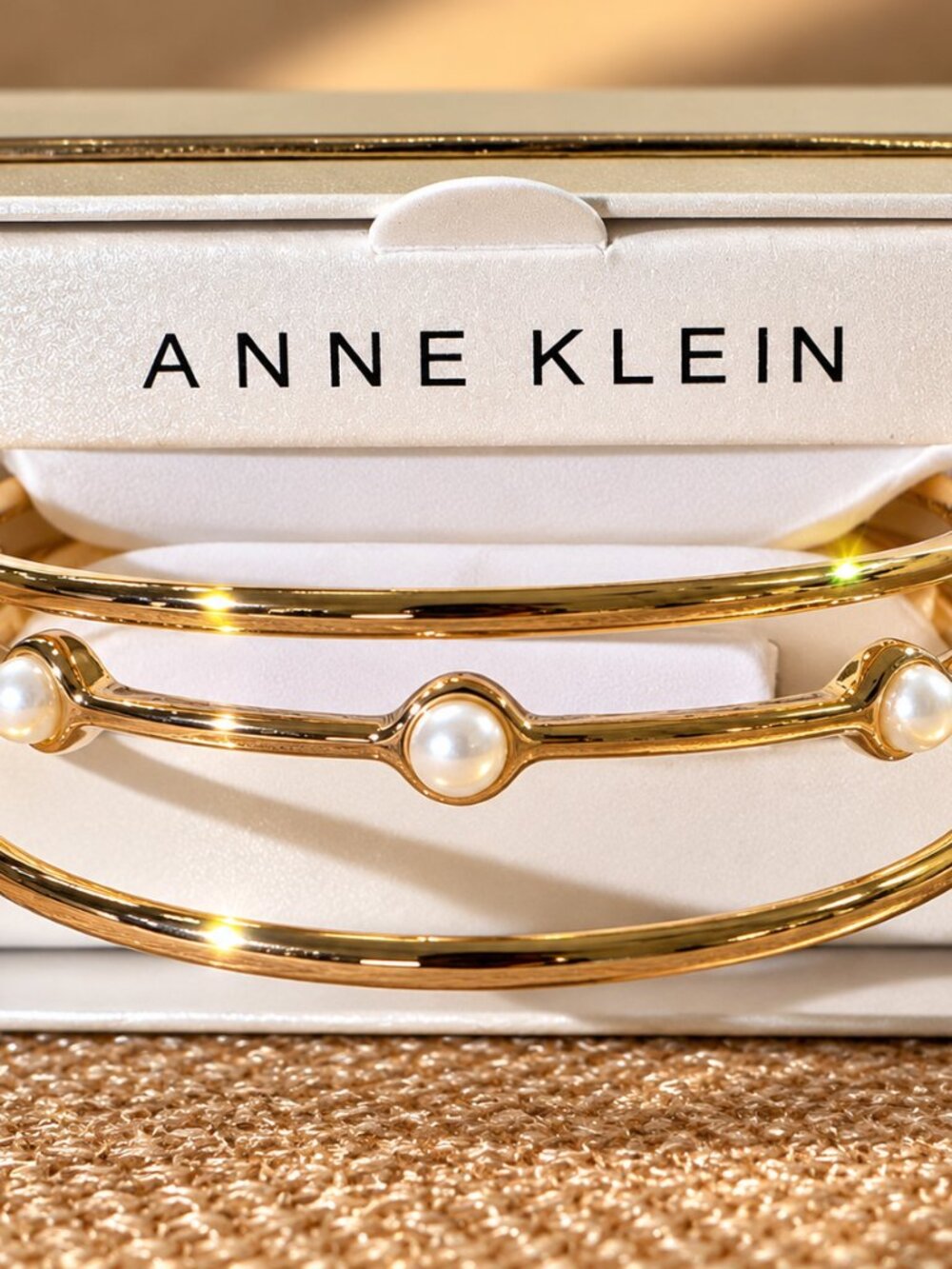 Anne Klein Gold Tone 3 Piece Pearl Look Bangle Bracelet Set NWT